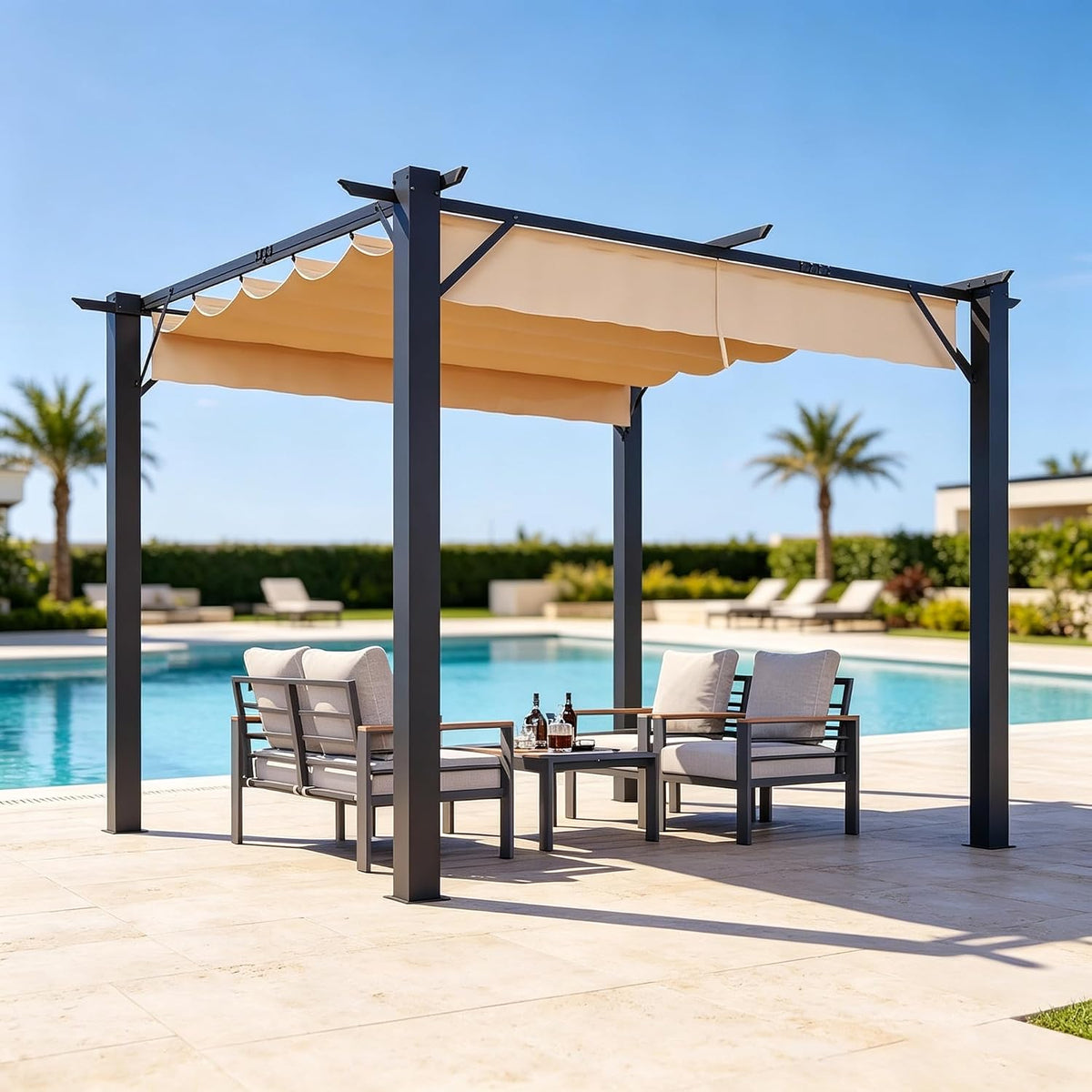 Aoxun 10'x12' Retractable Pergola with Sun Shade Canopy, Outdoor Heavy Duty Metal Frame Gazebo, Multi-Purpose Grape Trellis Shade Shelter for Backyard, Deck, Patio, Garden & Lawn, Brown