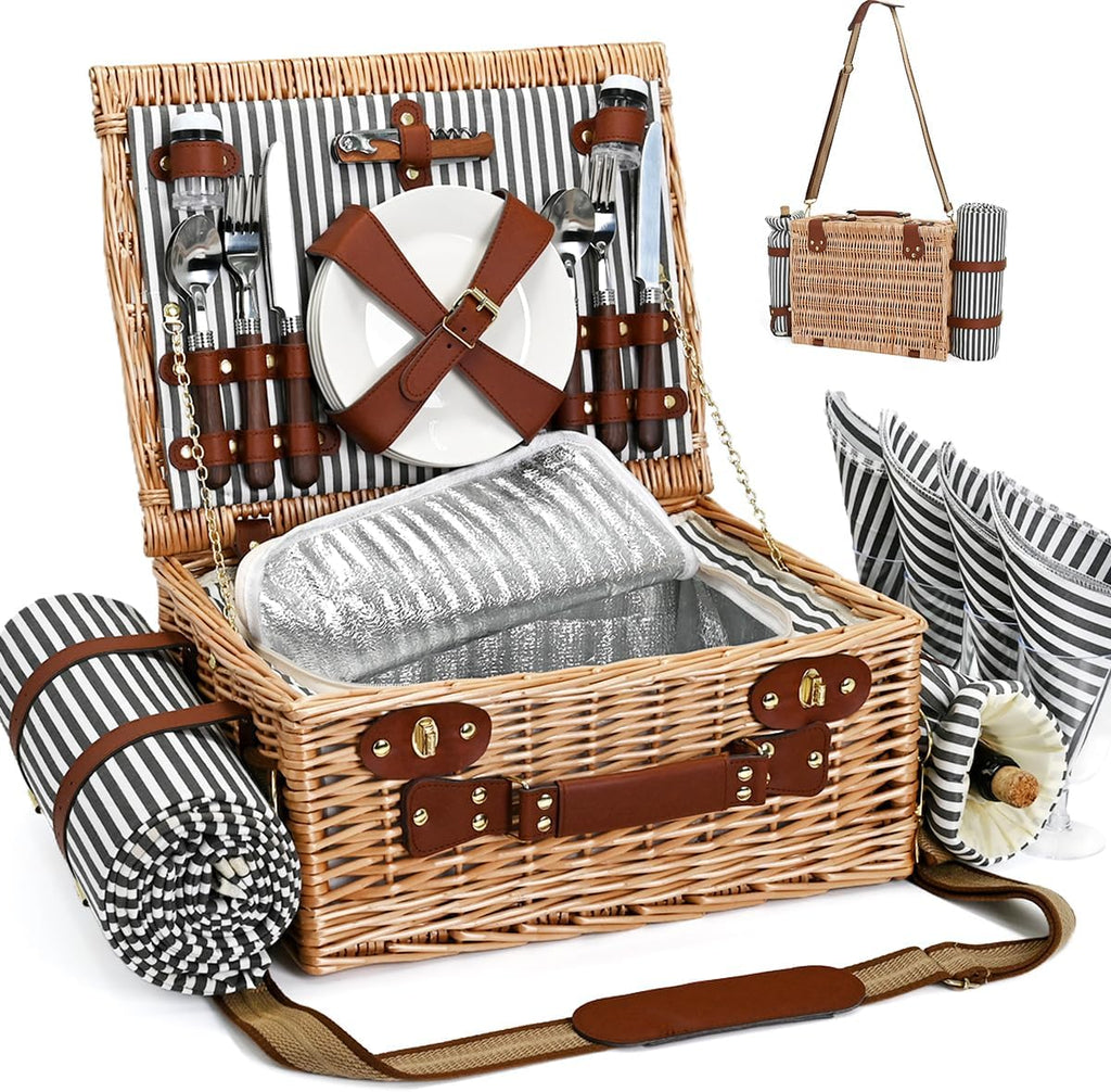 Picnic Basket with Blanket and Wine Pouch for 4, Wicker Picnic Set with Insulated Liner Cooler Bag Hamper for Camping,Wedding - Stripes