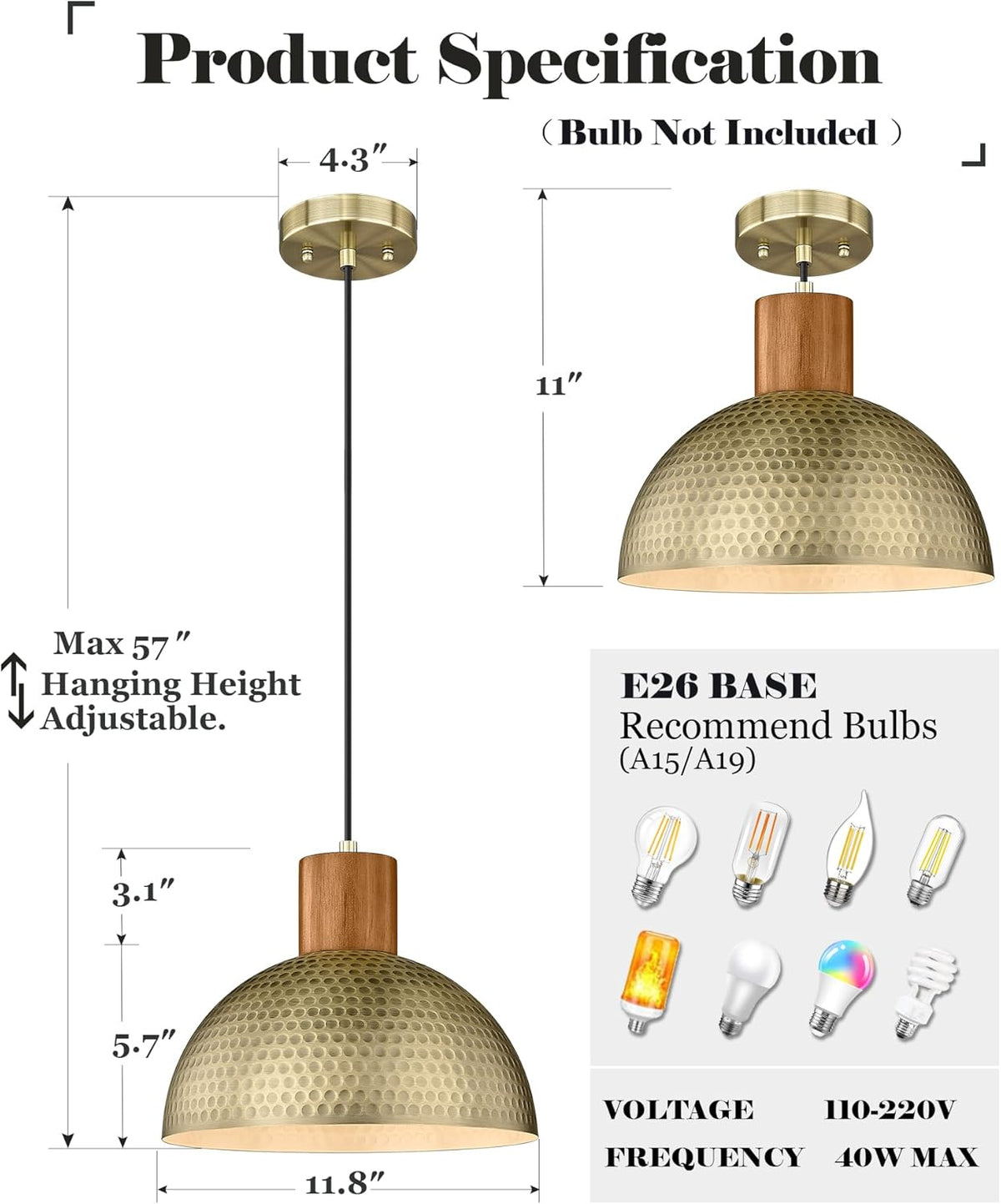 ELYONA 2 Pack Hammered Pendant Lights 12” Vintage Metal & Wood Dome Hanging Lamp Antique Gold Industrial Kitchen Pendant Light Fixtures for Island, Farmhouse, Dining Room, Sink, Hallway, Brushed Brass