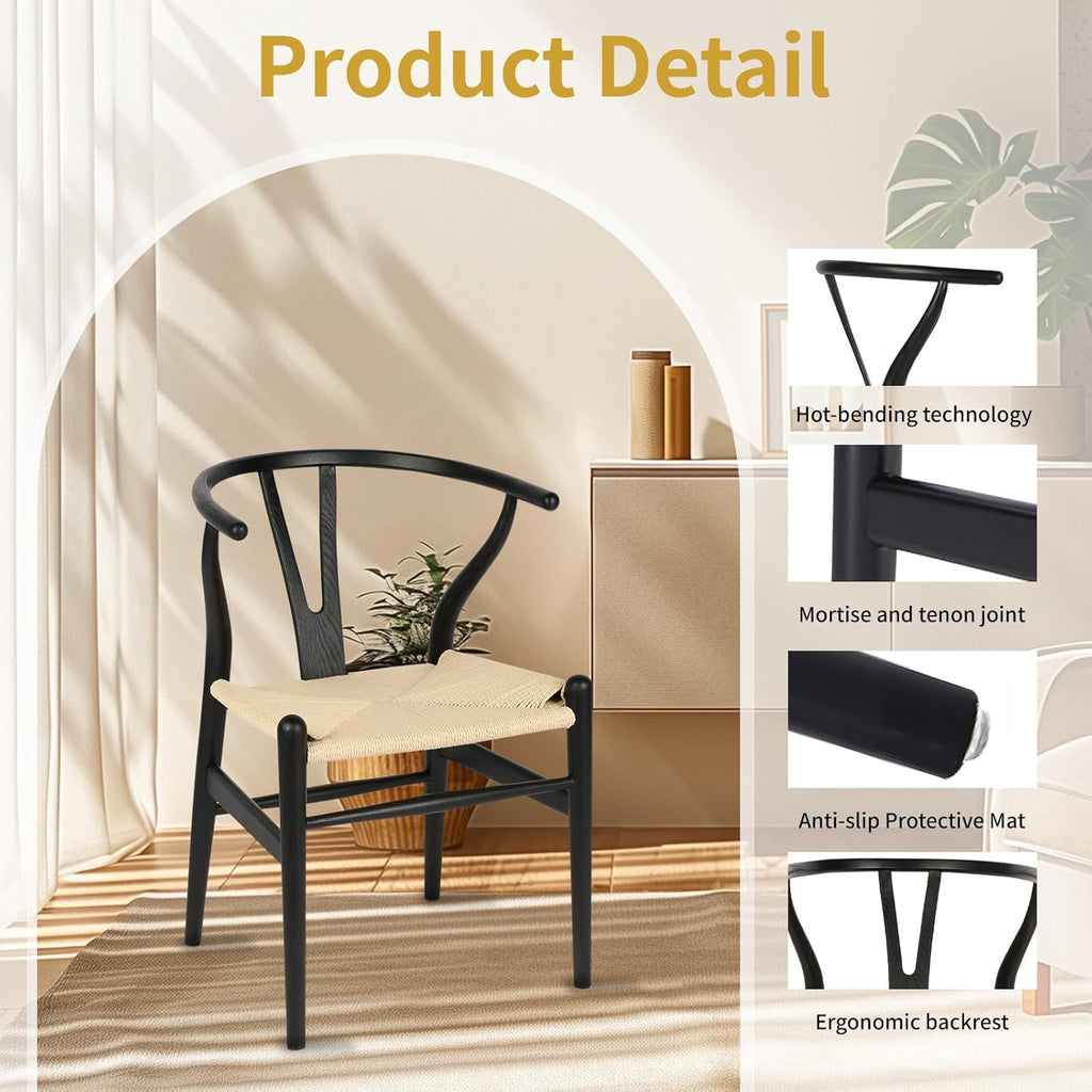 Wishbone Chairs Set of 4, Dining Chairs (Black Frame + Natural Cord)
