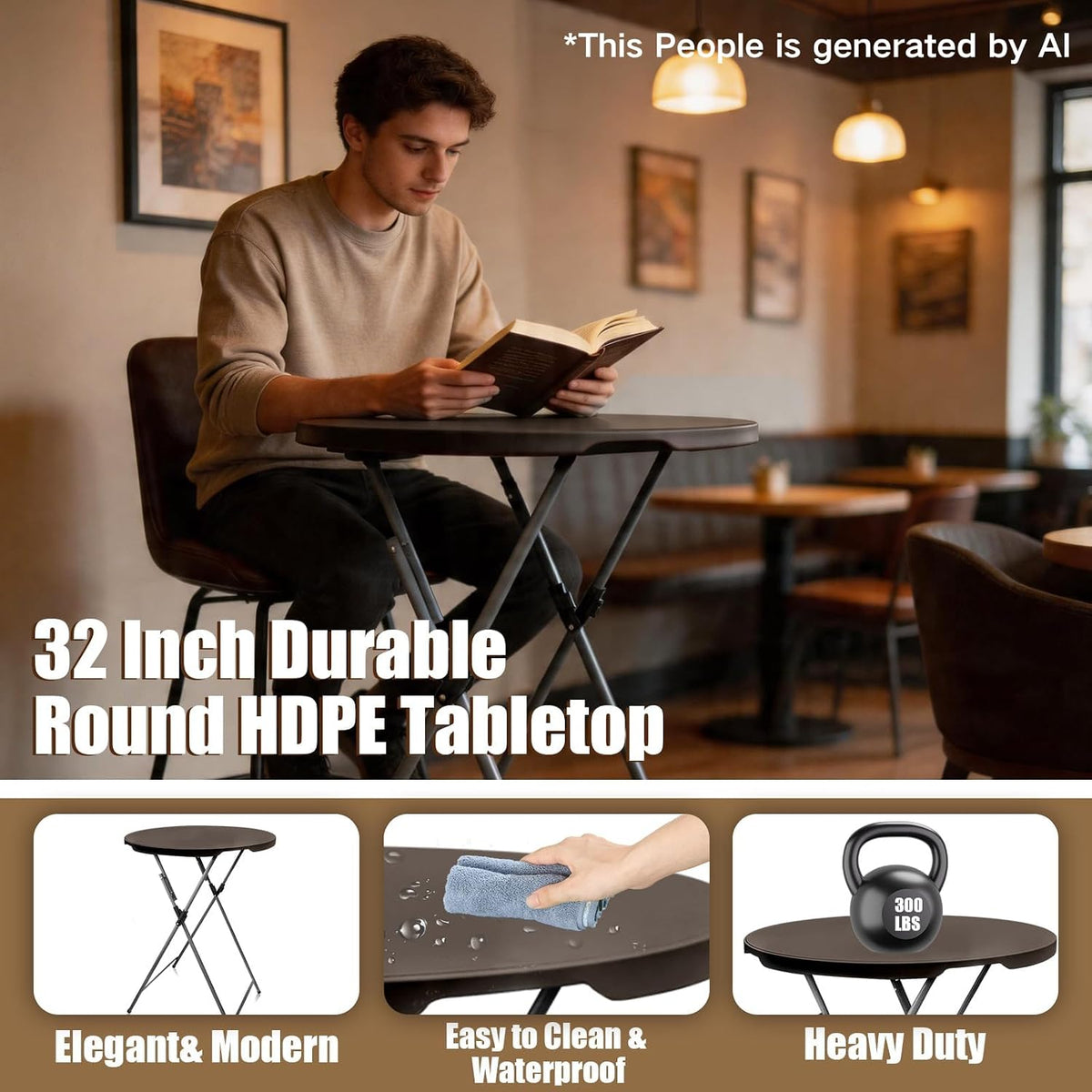 32in Round Folding Cocktail Table Bar Height Brown 1 Pack