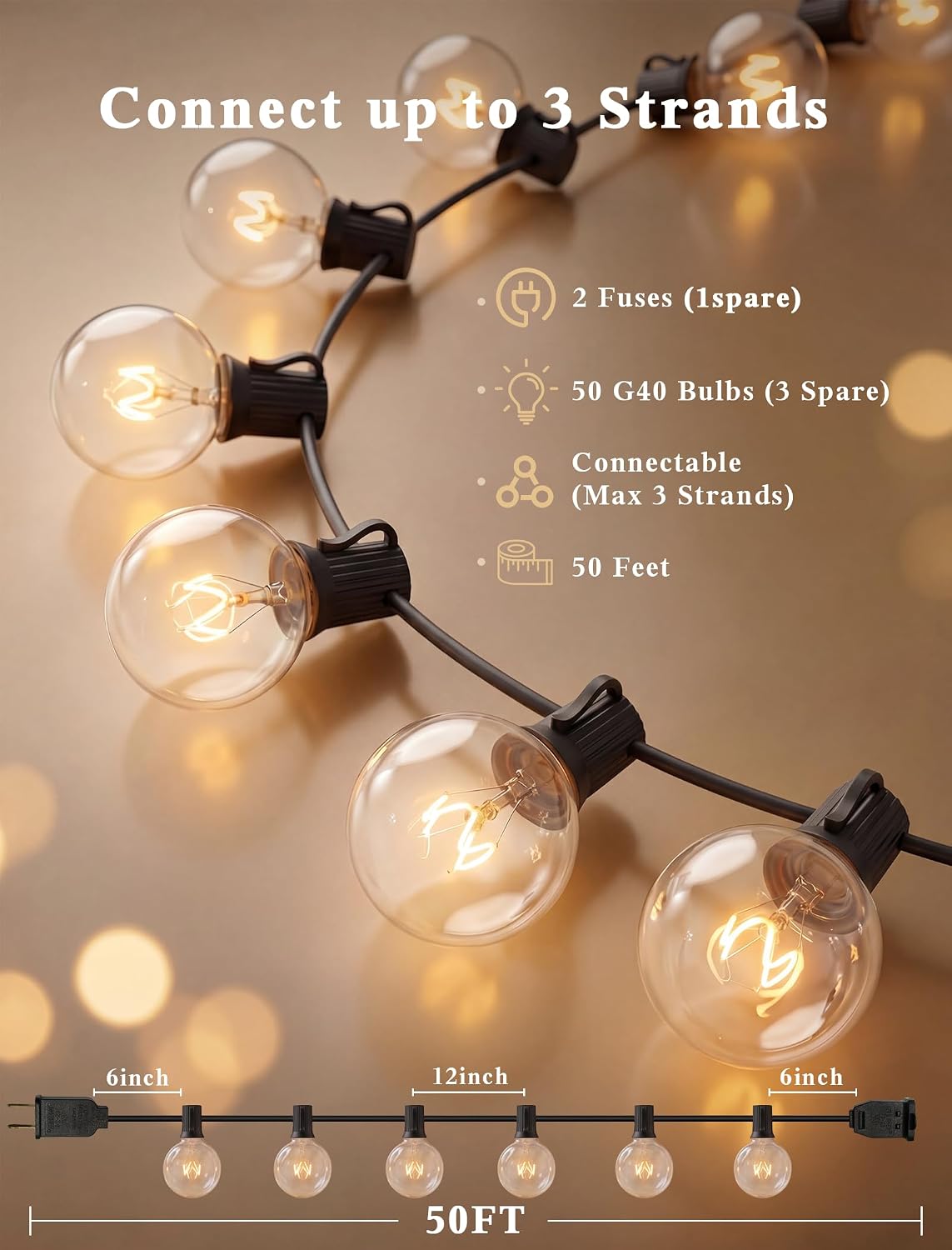 abeja 50ft g40 globe string lights, outdoor patio, close-up detail