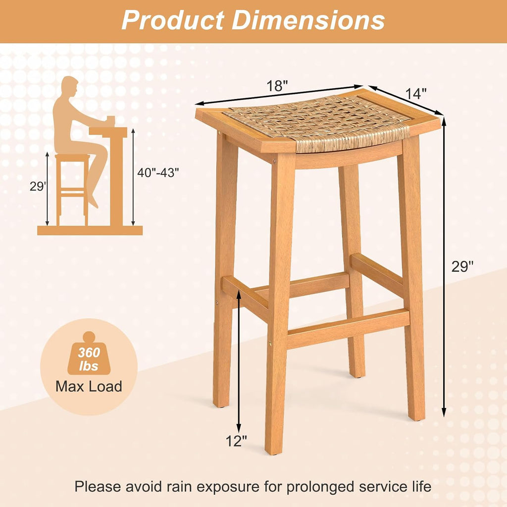 GIANTEX Outdoor Wooden Bar Stools Set of 2, 29" Backless Patio Barstools with PE Rattan Saddle Seat & Footrest, Solid Acacia Wood Bar Height Stools for Porch, Garden, Backyard, Poolside, Armless