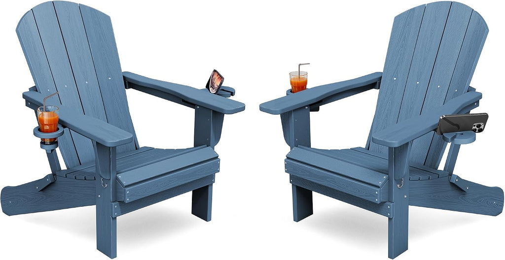 KINGYES Folding Adirondack Chair Set of 2 with 2 Cup Holders, Navy