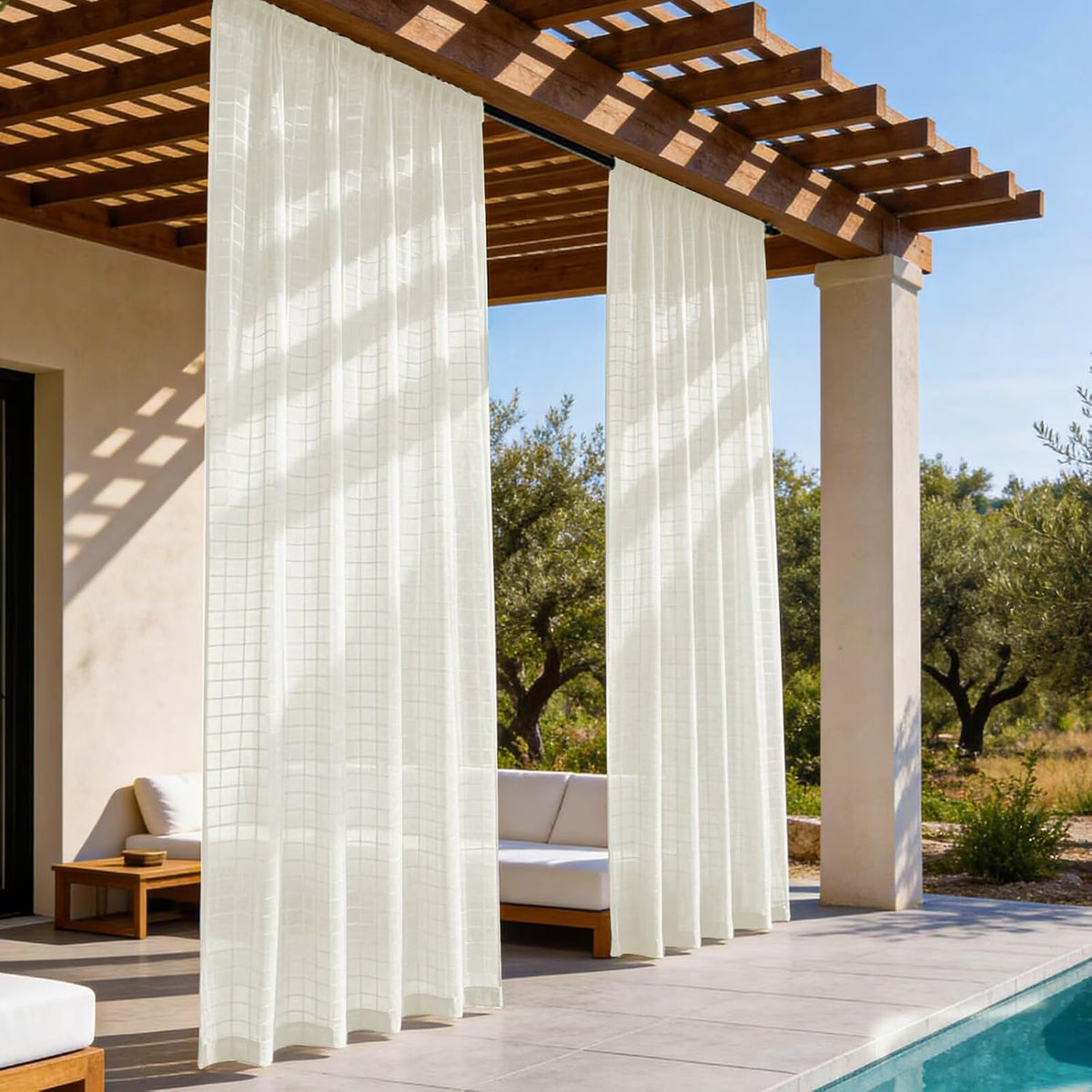 4 Panels Outdoor Sheer Curtains for Patio, Jacquard Check Curtains for Patio Waterproof, Indoor Outdoor Drapes for Gazebo Pergola Balcony Pool Spa (Ivory, 52 x 120 inch)