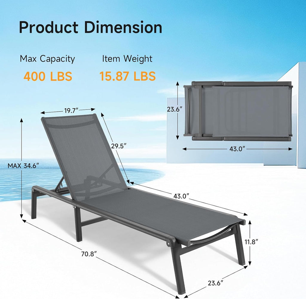 Aluminum Chaise Lounge Chair Outdoor for Outside Poolside, 1PC, Grey