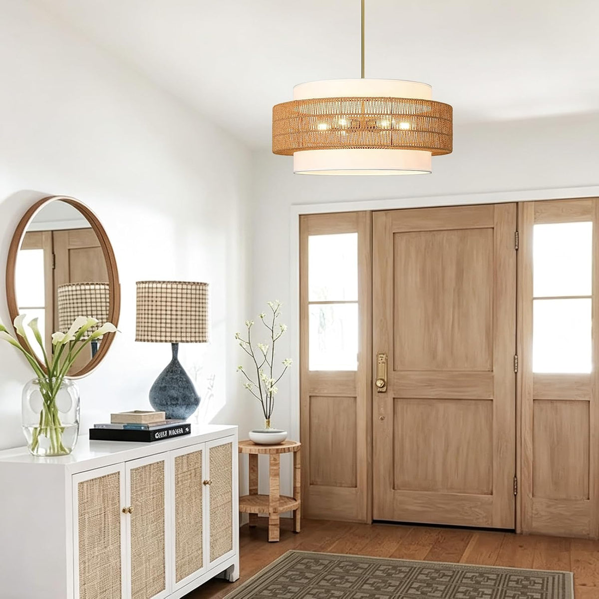25.6" rattan chandelier for dining room, 6-light boho, front angle view