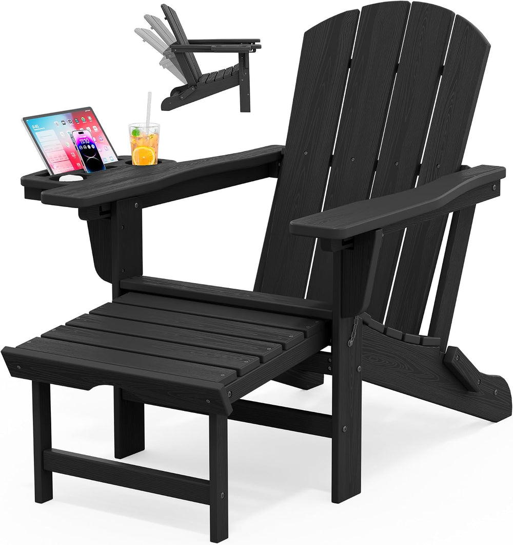 KINGYES Adirondack Chair with Footrest & 4-in-1 Cup Holder, Black