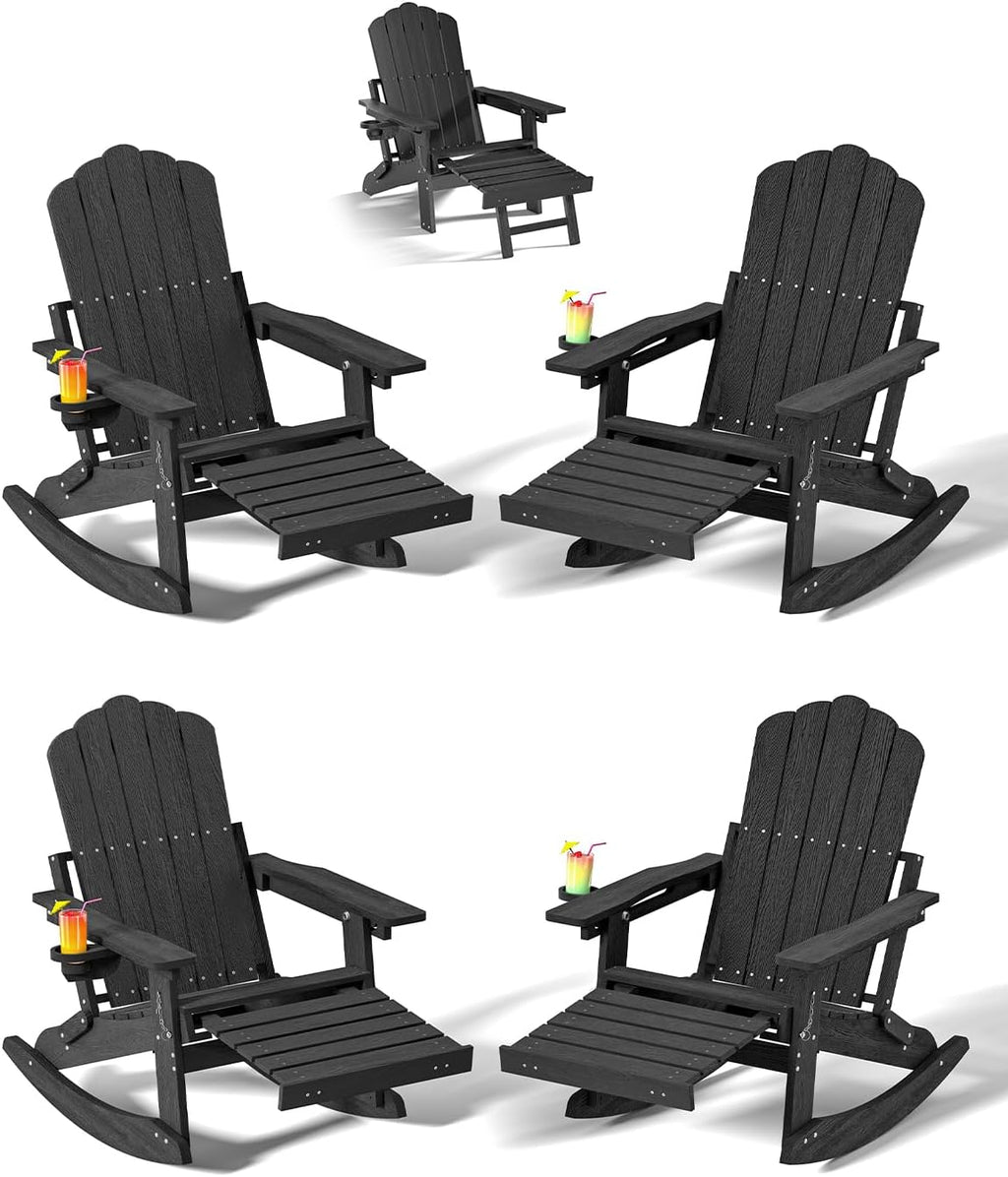 Folding Adirondack Rocking Chair with Retractable Ottoman for Patio, Porch