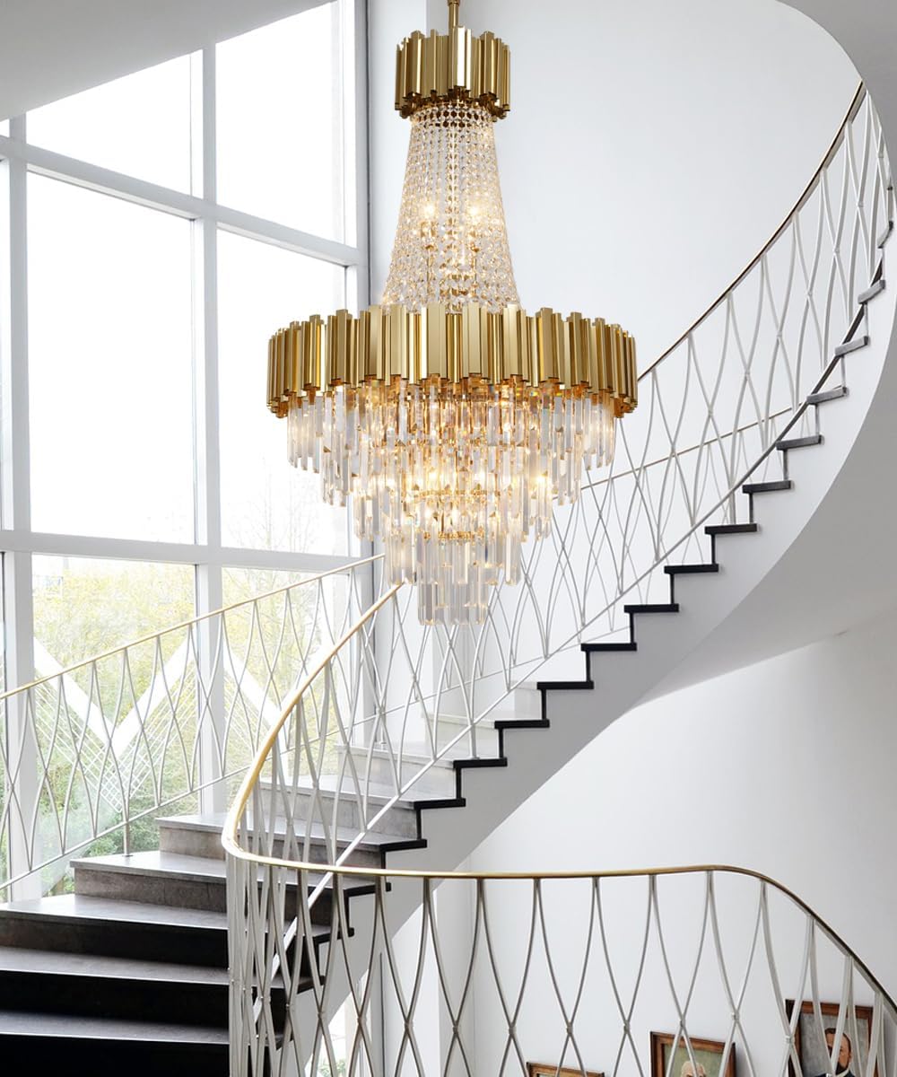 Modern Gold Crystal Chandelier Luxury for High Ceiling Foyer 5-Tier H44"
