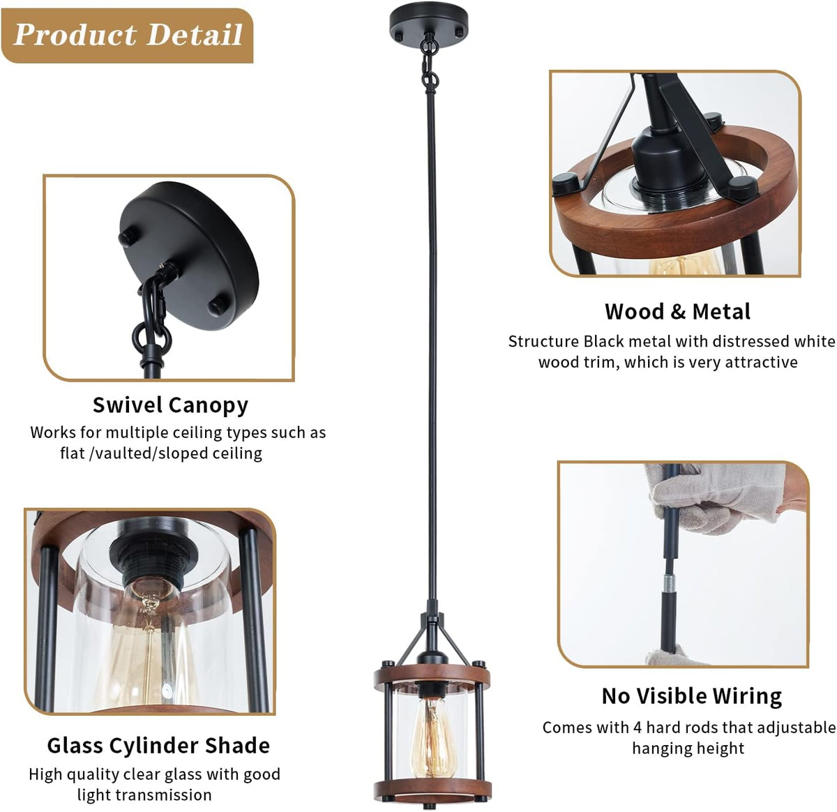 farmhouse pendant light, rustic walnut wood metal cage showing dimensions