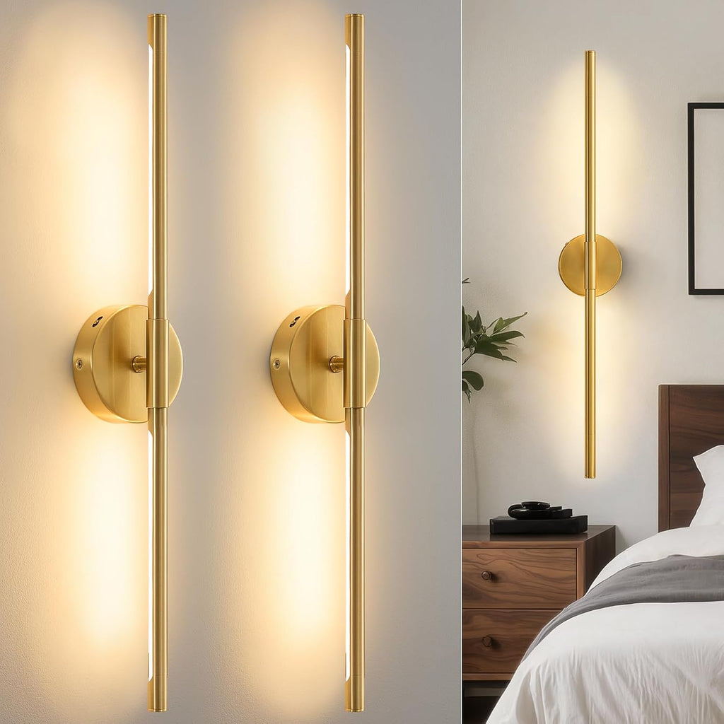 Lightania Hardwired Wall Sconces Set of Two, 28'' Modern Gold LED Wall Lights, 360° Rotatable, 2700K-5000K Adjustable, 3CCT Dimmable Wall Sconce Light Fixture for Living Room Bedroom Hallway, ETL