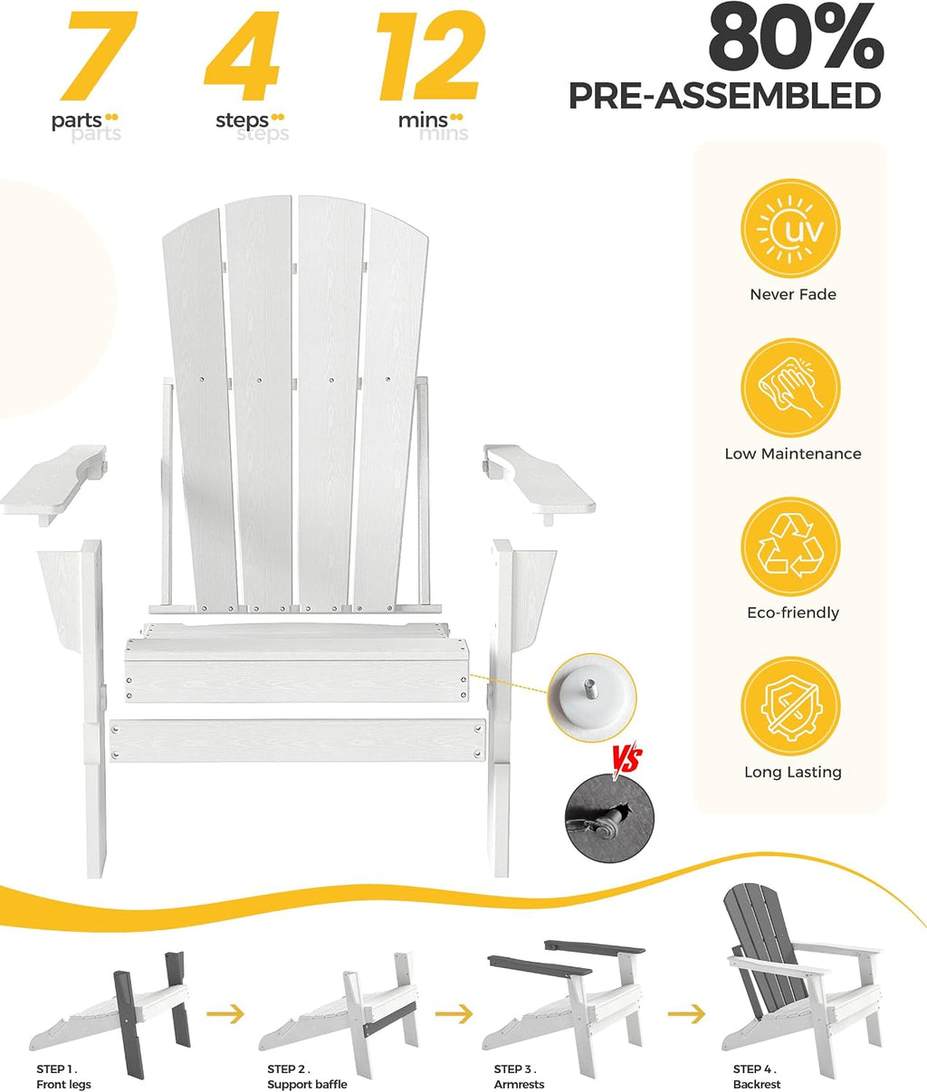Folding Adirondack Chair, Portable HDPE Patio Chair, White