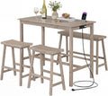 GIANTEX 4-Piece Counter Height Dining Table Set with Power Outlet, Solid Rubber Wood Kitchen Table with Saddle Backless Bench & 2 Stools, Space-Saving Bar Table Set for Breakfast Nook (Light Gray)