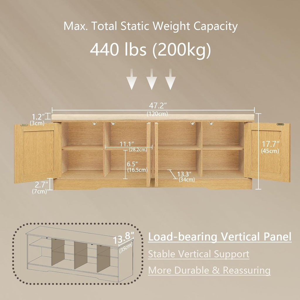DINZI LVJ Shoe Storage Bench with Cushion, Door, Natural Oak 47.2" LX17.7 H