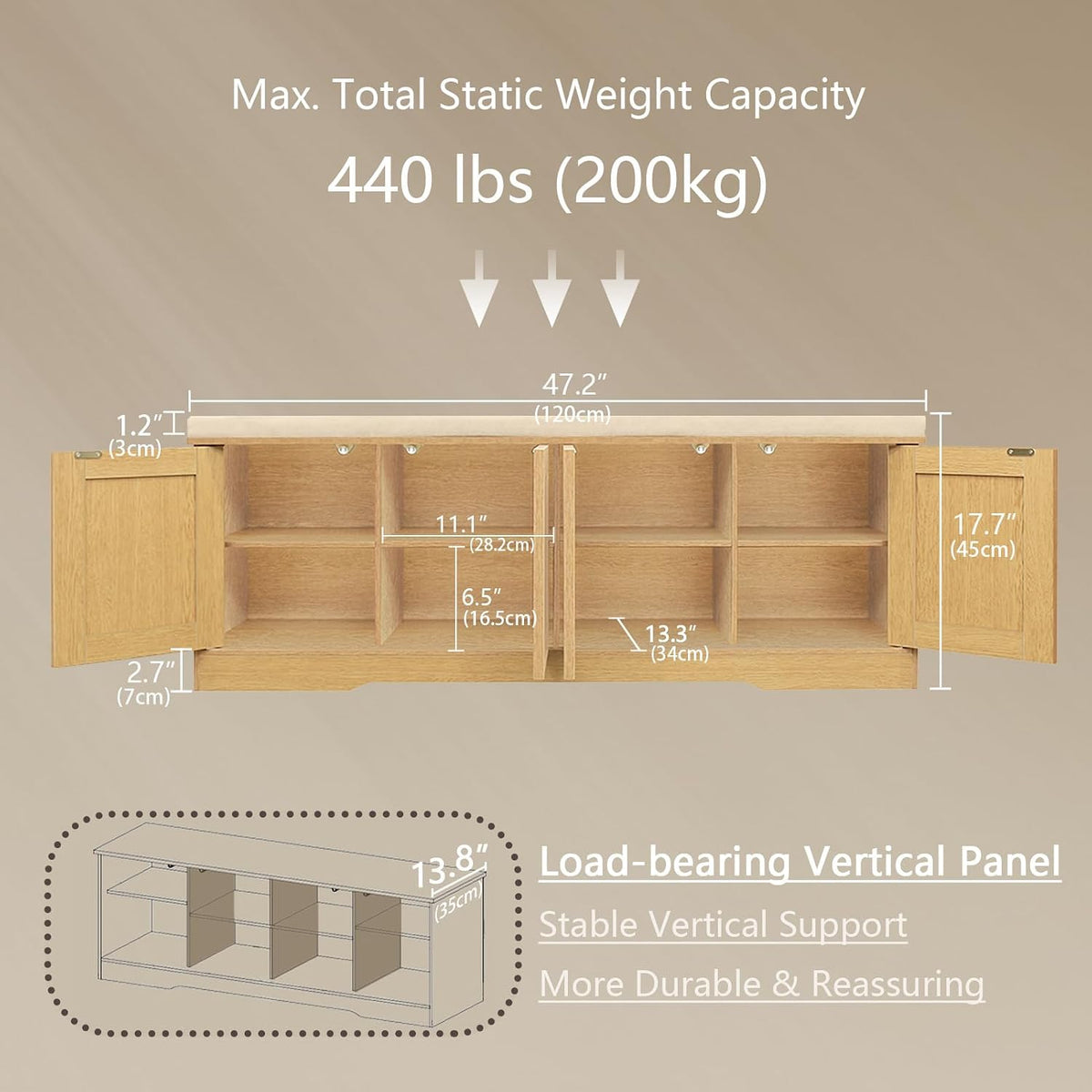 DINZI LVJ Shoe Storage Bench with Cushion, Door, Natural Oak 47.2" LX17.7 H