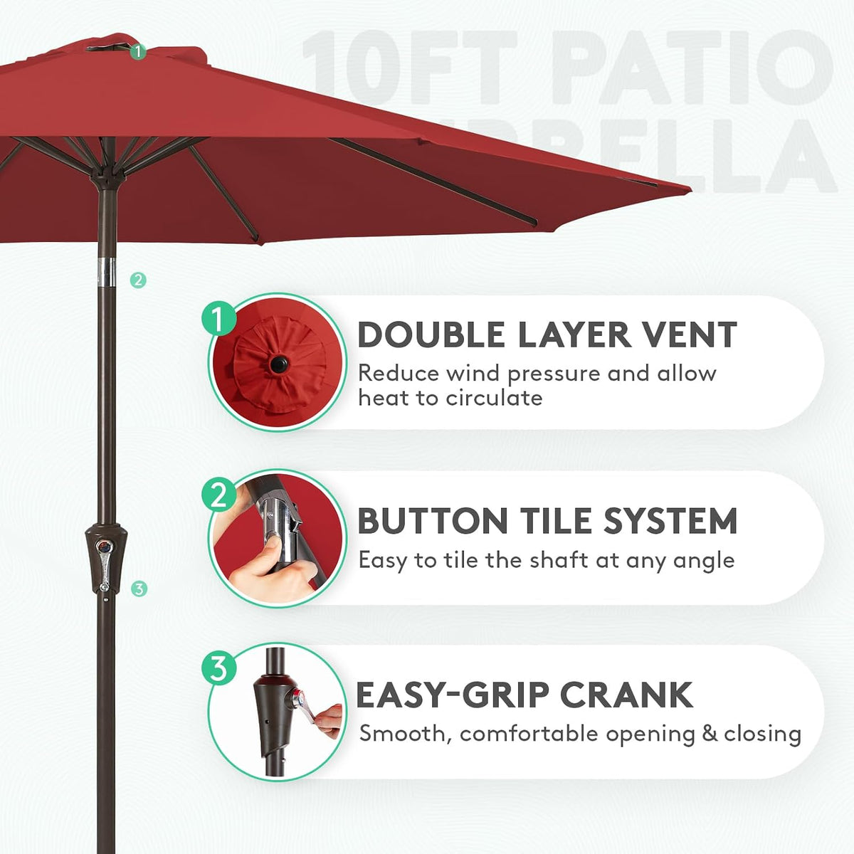 JEAREY 10 ft Outdoor Patio Umbrella w/Tilt and Crank, Light Red