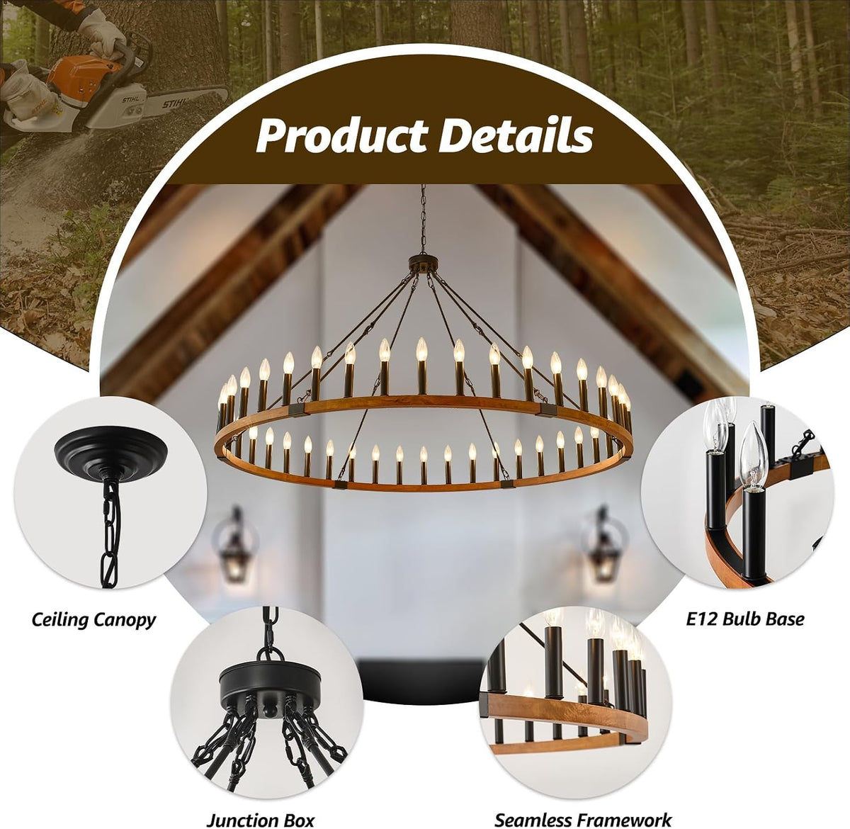 60-Inch Wagon Wheel Chandelier 42-Light Wood Rustic Farmhouse Light Fixture
