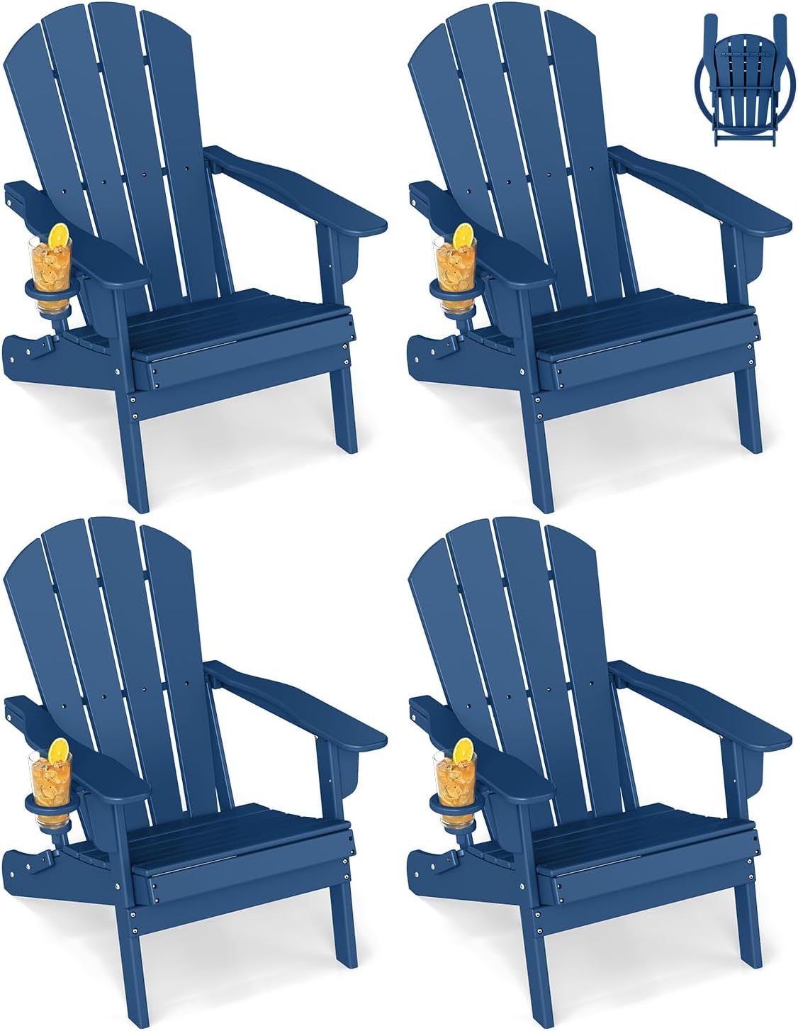 GREENVINES Folding Adirondack Chairs Set of 4 w/Cup Holder, HDPE, Blue