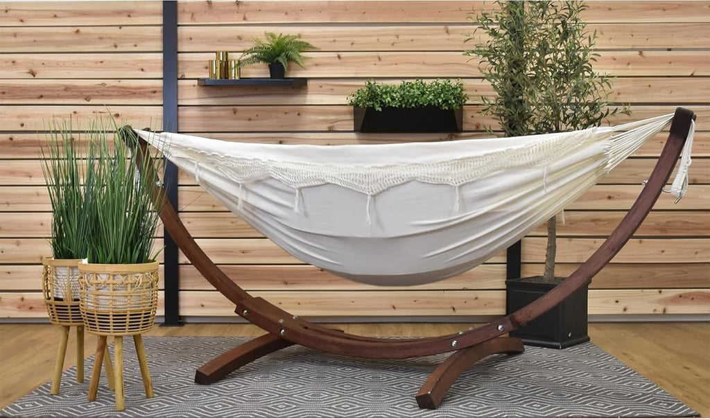 Vivere Double Cotton Hammock with Solid Pine Arc Stand - 450 lb Capacity, Durable FSC Wood Frame, Includes Hardware & User Guide - 450 lb Weight Capacity