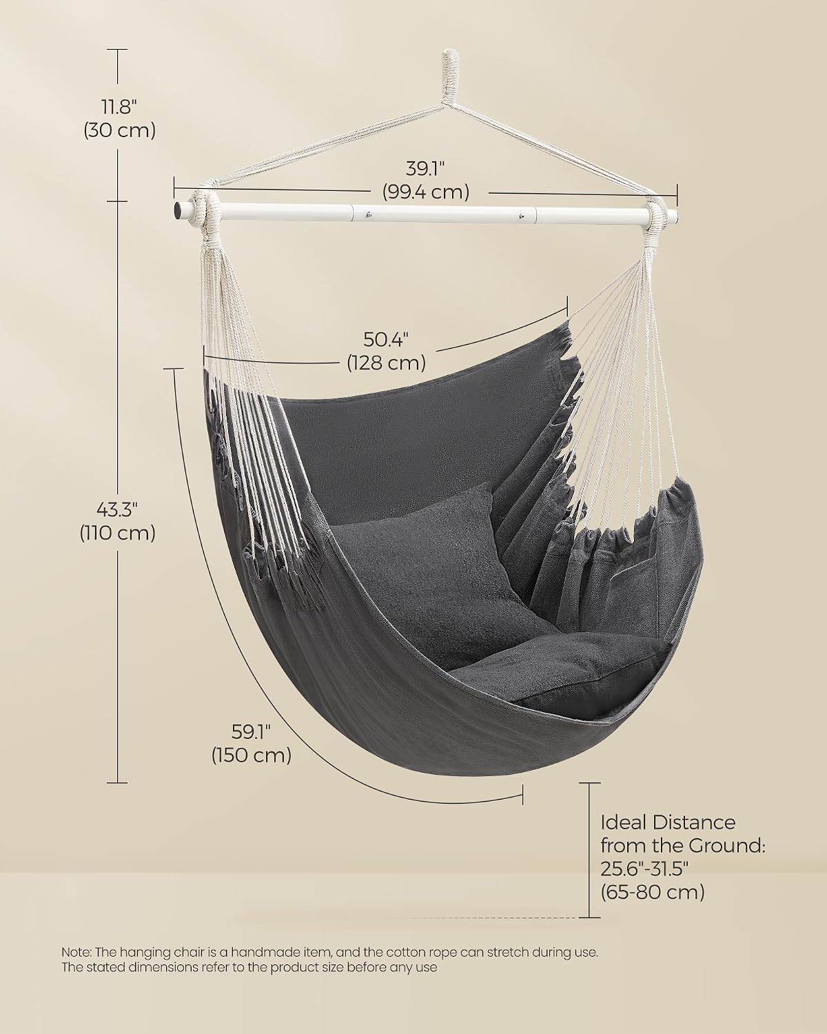 songmics hammock chair, load capacity 330.7 lb, with showing dimensions