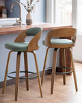AQG Swivel Bar stools Set of 2 Bar Chairs 26" Counter Height Mid-Century Modern Bentwood Barstool PU Leather Upholstered Bar Chair with Back and Footrest, for Bar, Cafe, Dining, Kitchen Island, Green