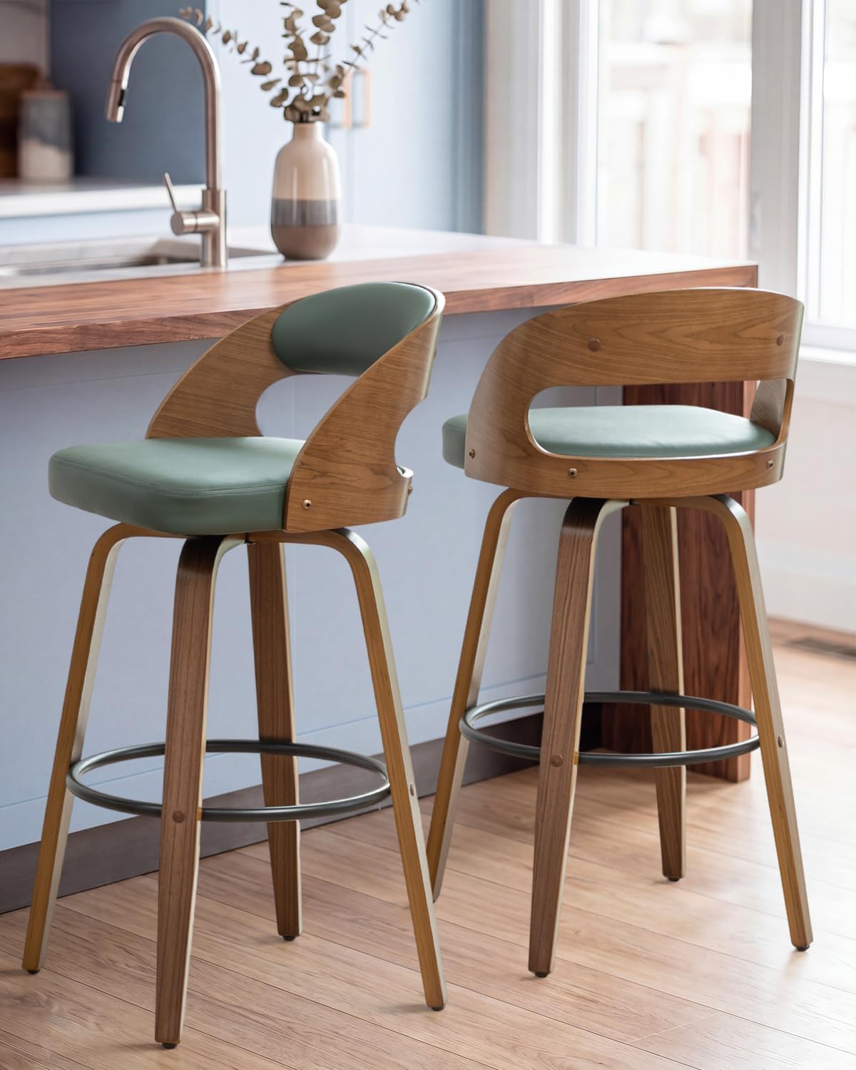 AQG Swivel Bar stools Set of 2 Bar Chairs 26" Counter Height Mid-Century Modern Bentwood Barstool PU Leather Upholstered Bar Chair with Back and Footrest, for Bar, Cafe, Dining, Kitchen Island, Green