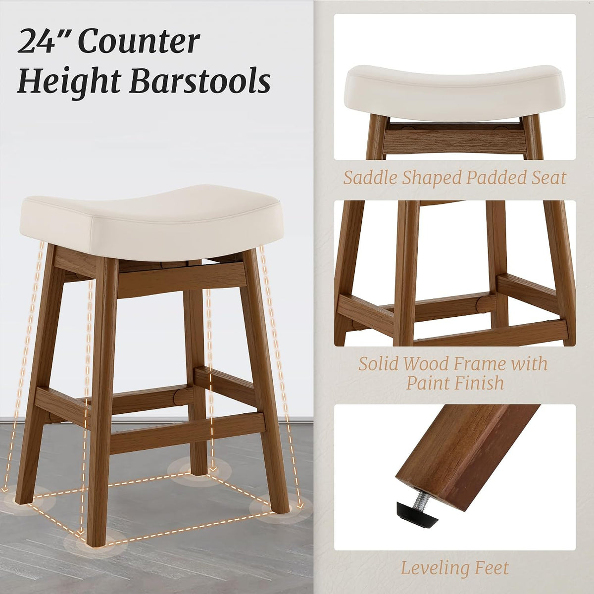 Cozyman Bar Stools Set of 3, Barstools with Sturdy Wood Legs, Saddle Seat Counter Height Bar Stools for Kitchen Counter, Bar, Dining, 24 Inch Farmhouse Counter Stools, Antique White Leather