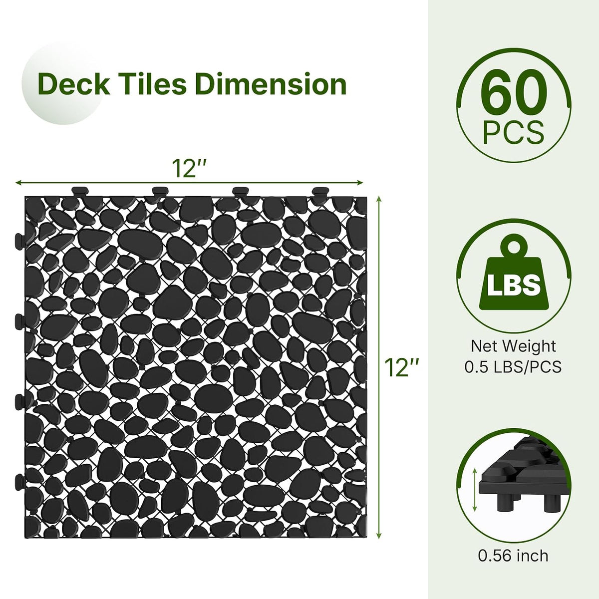 Rovibek 60PCS Plastic Interlocking Deck Tiles, 12"x12" Pebble Decking Tiles