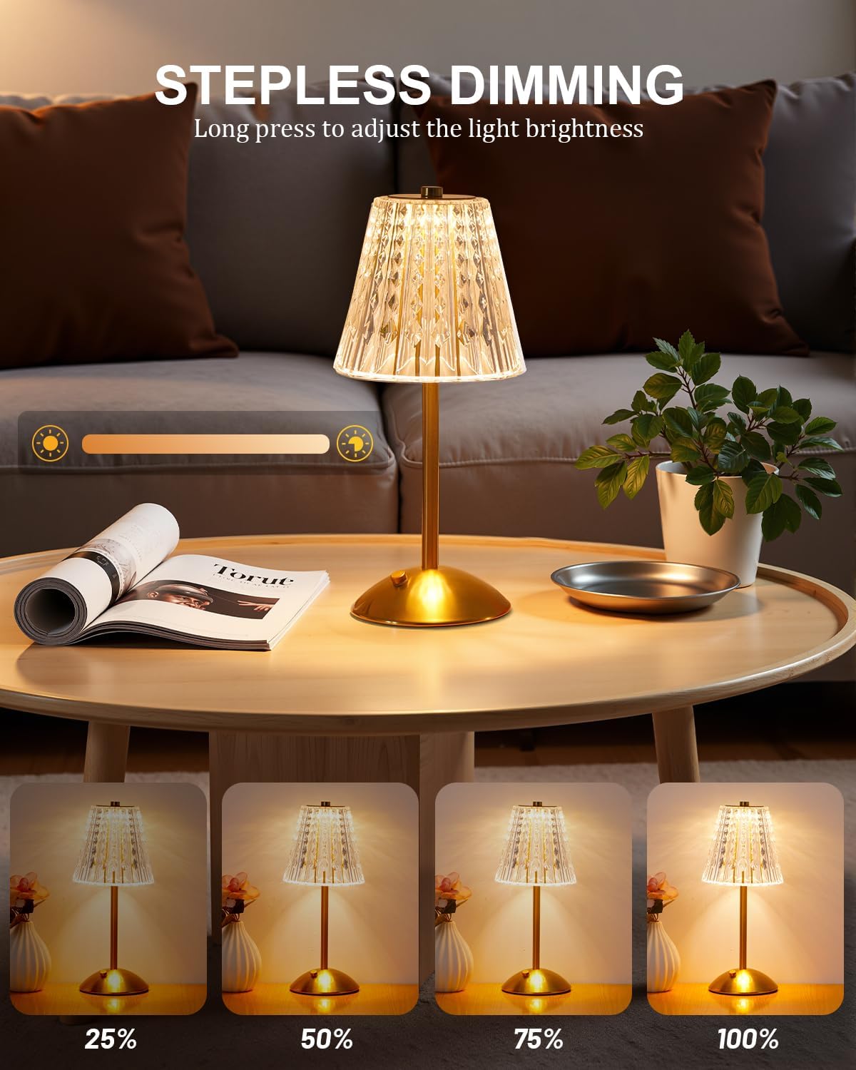 nusogon 2 pack cordless crystal table lamps, rechargeable, side view