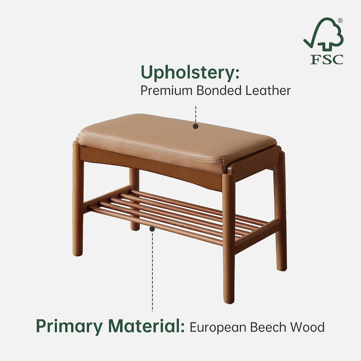 Solid Wood Shoe Bench, 24 Inch Entryway Bench with Brown Leather Cushion