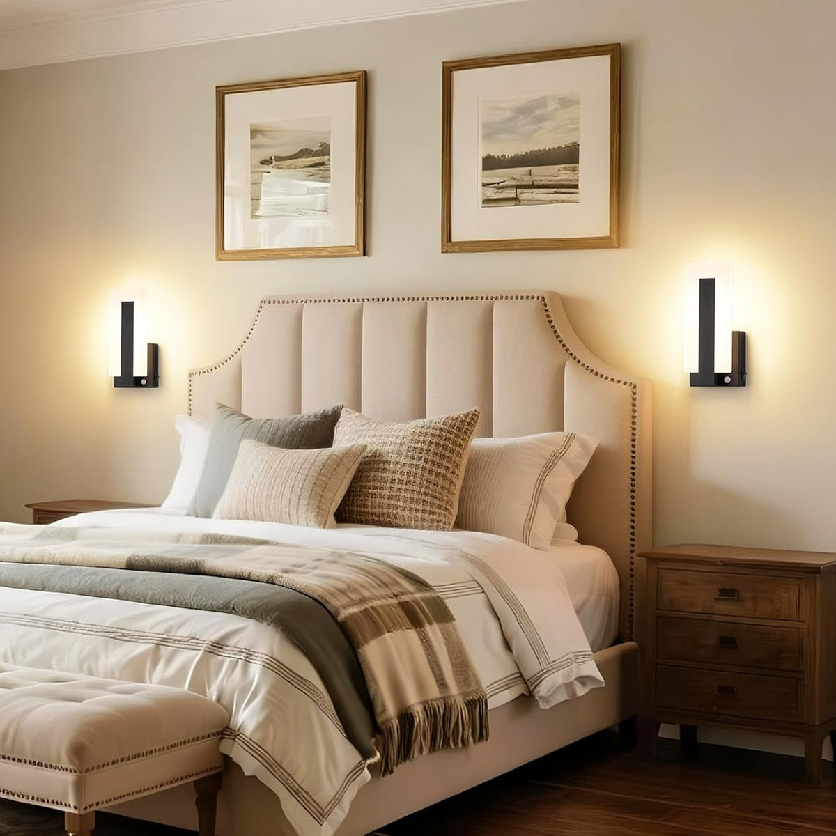 Joosenhouse Wall Sconces Set of Two Hardwired, Black Motion Sensor Wall Light Indoor, Modern Metal and Acrylic LED Wall Lamp 3000K Warm White for Hallway Bedroom Staircase