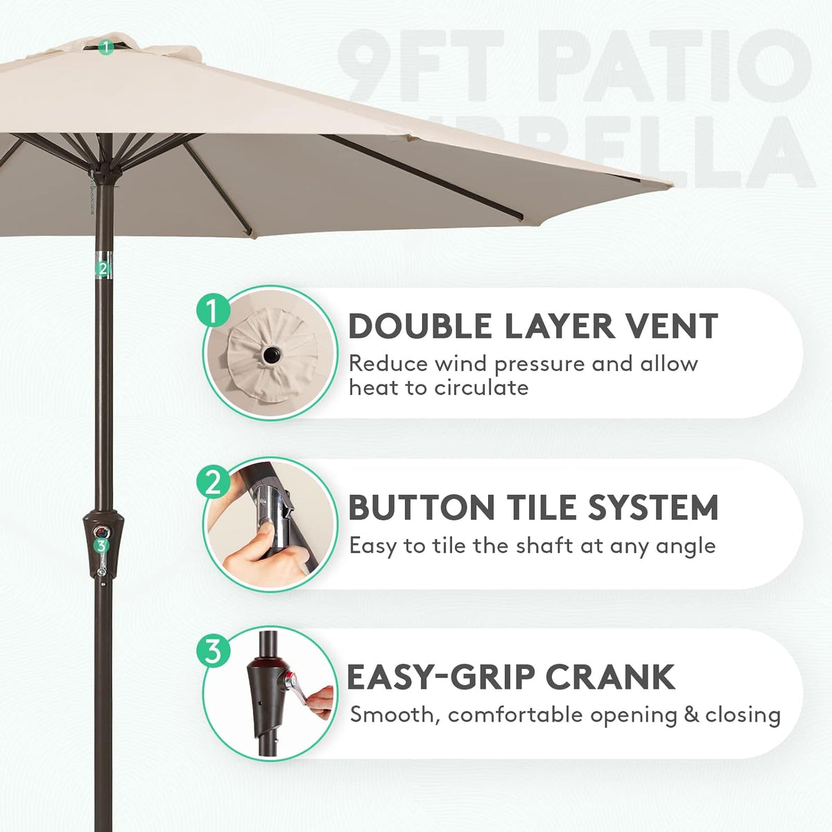 JEAREY 9FT Outdoor Patio Umbrella, Market Umbrella, Beige