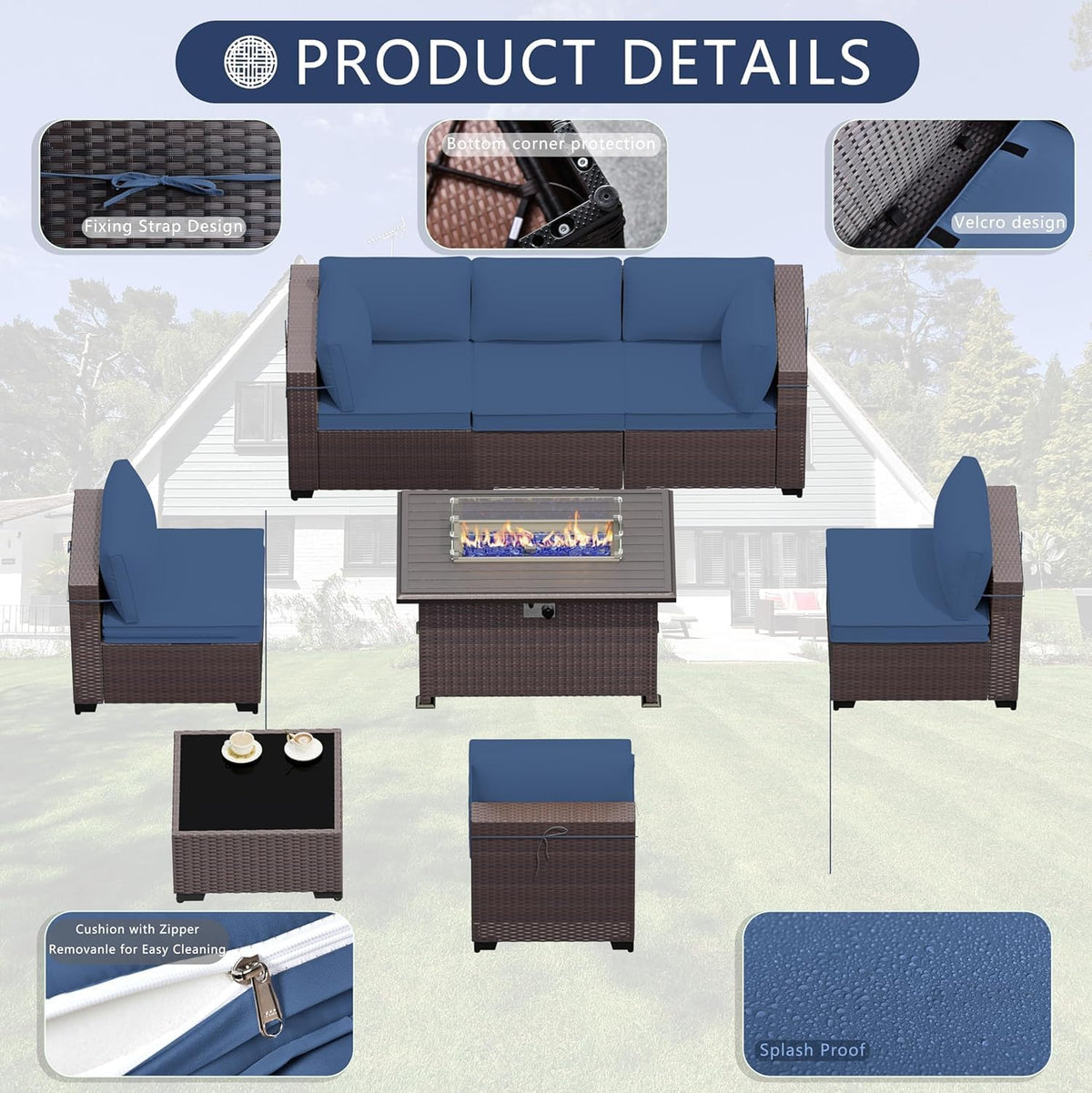 11 Pieces Patio Furniture Set with 2 Swivel Chairs Patio Furniture Outdoor Sectional Sofas with 55000 Gas Fire Pit Patio Conversation Set w/7 Cushions
