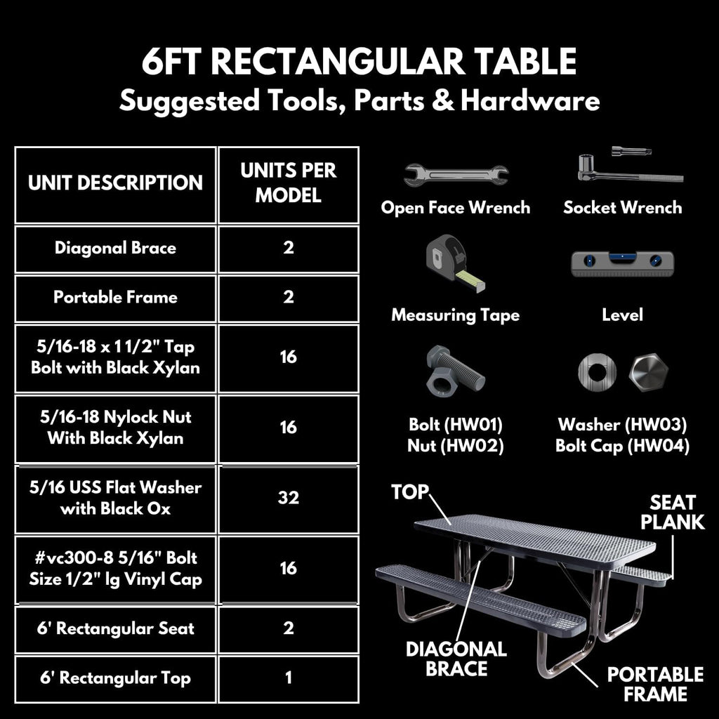 COATEDOUTDOORFURNITURE 6Ft Rect Picnic Table, Expanded, Black
