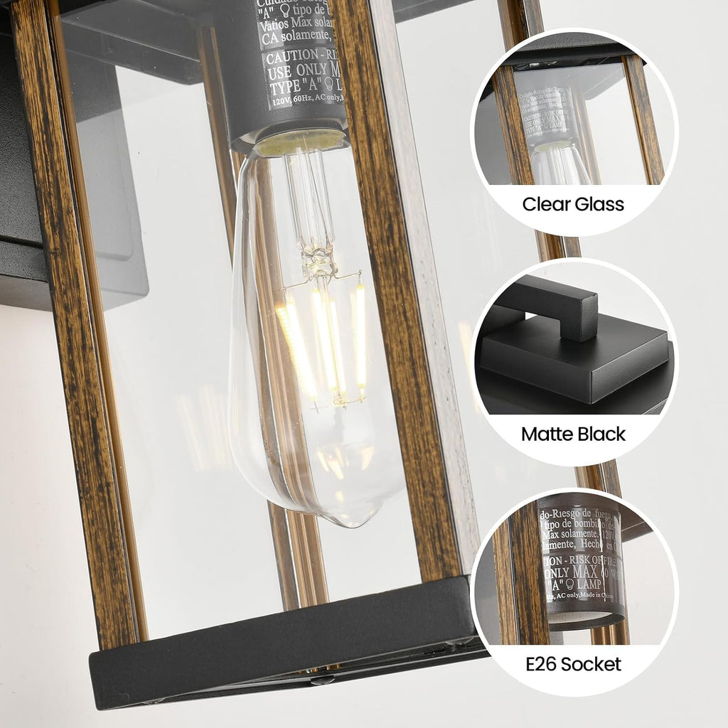 2 Pack Outdoor Wall Sconce Outside Porch Light in Wood Grain & Black