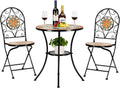 VINGLI 3 Pieces Garden Patio Mosaic Table, Outdoor Bistro Set with Folding Chairs,Black Iron Frame