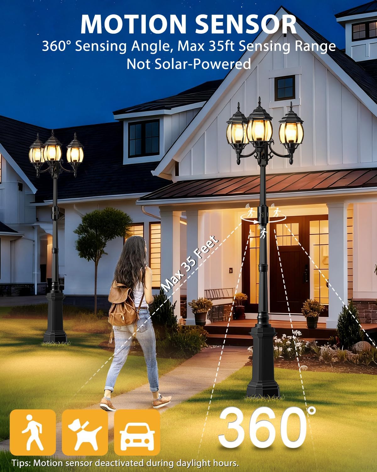 Redluck Motion Sensor Outdoor Post Lights, 3-Head Dusk to Dawn Lamp Post