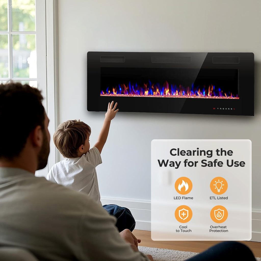 50" Electric Fireplace Recessed and Wall Mounted, 750/1500W Ultra-Thin Electric Fireplace Heater with Adjustable Flame Color and Brightness, Low Noise, Linear Fireplace for Living Room