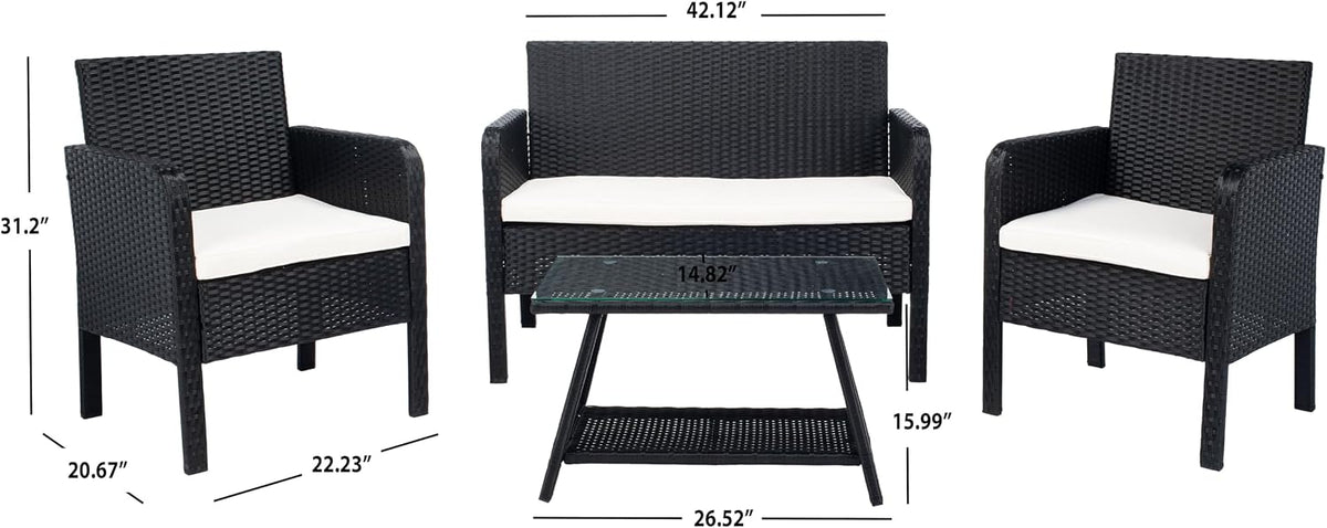 SAFAVIEH PAT7505A Collection Aboka Black and Beige 4-Piece Outdoor Living Patio Set