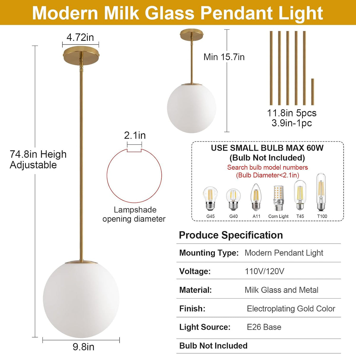 10in Milk Glass Pendant Light, Mid Century Modern Pendant Lights Kitchen Island, Brass Fininsh Hanging Light Fixture for Dining Room Over Table Sink Hallway, Gold & Milk 1 Pack