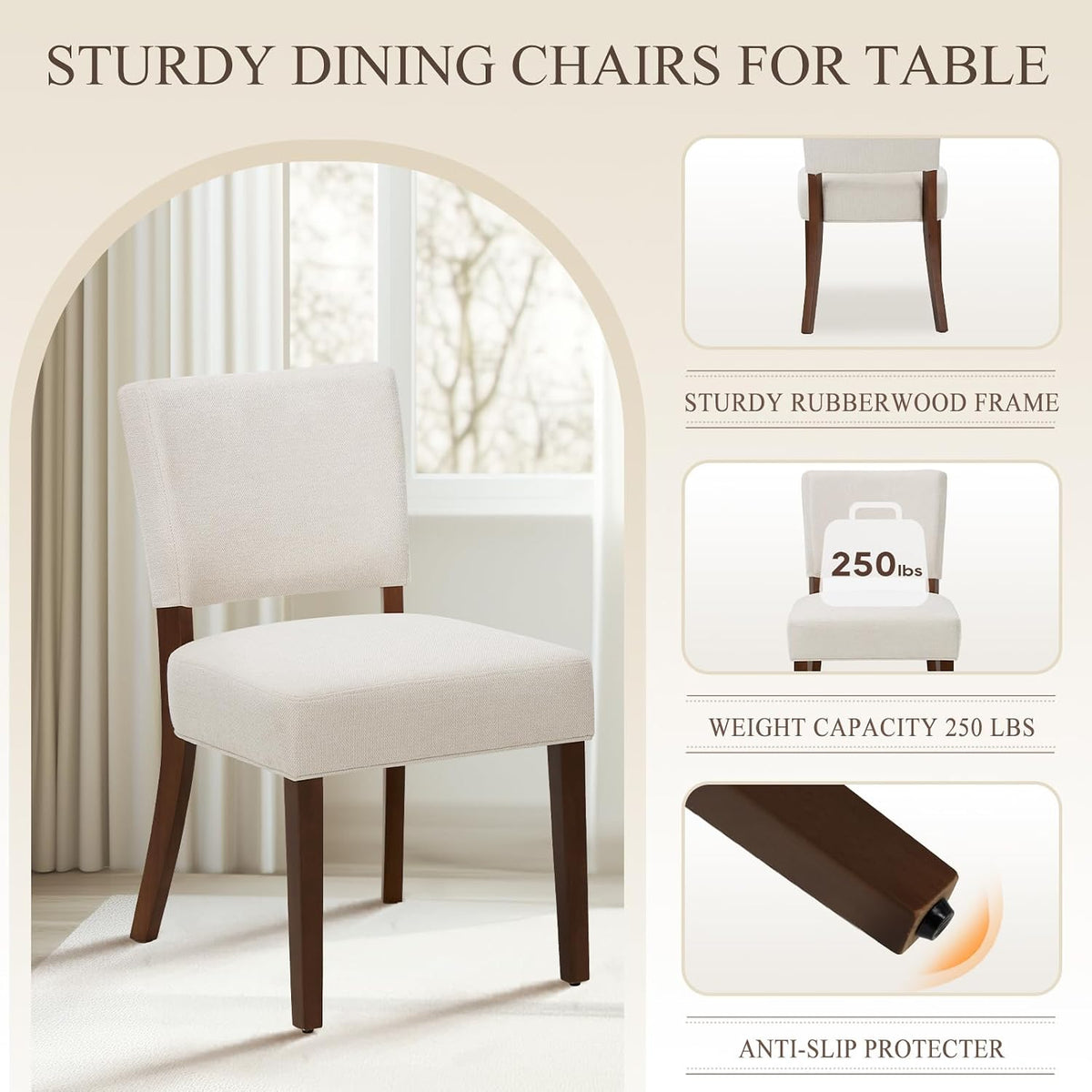 MALOL Upholstered Dining Chairs Set of 6, Fabric Kitchen Chairs with Padded Seat & Back, Solid Wood Legs, Modern Simple Dining Room Chairs for Kitchen, Dining Room, Living Room, Beige