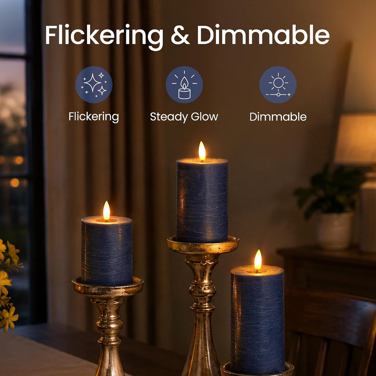 Set of 4 Navy Blue Real Wax Flameless Candles with Remote, Long Lasting Battery Operated LED Pillar 3" x 4" 5" 6" 7" with Timer and Flickering Electric for Home Decor