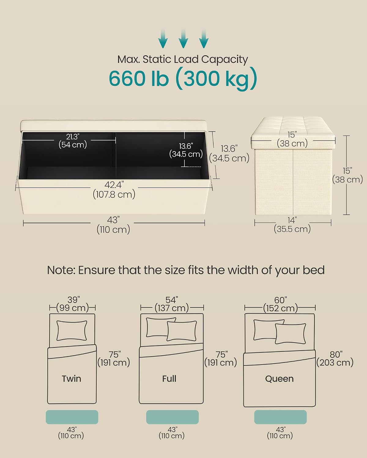 SONGMICS 43.3 Inches Folding Storage Ottoman Bench, Load 660 lb