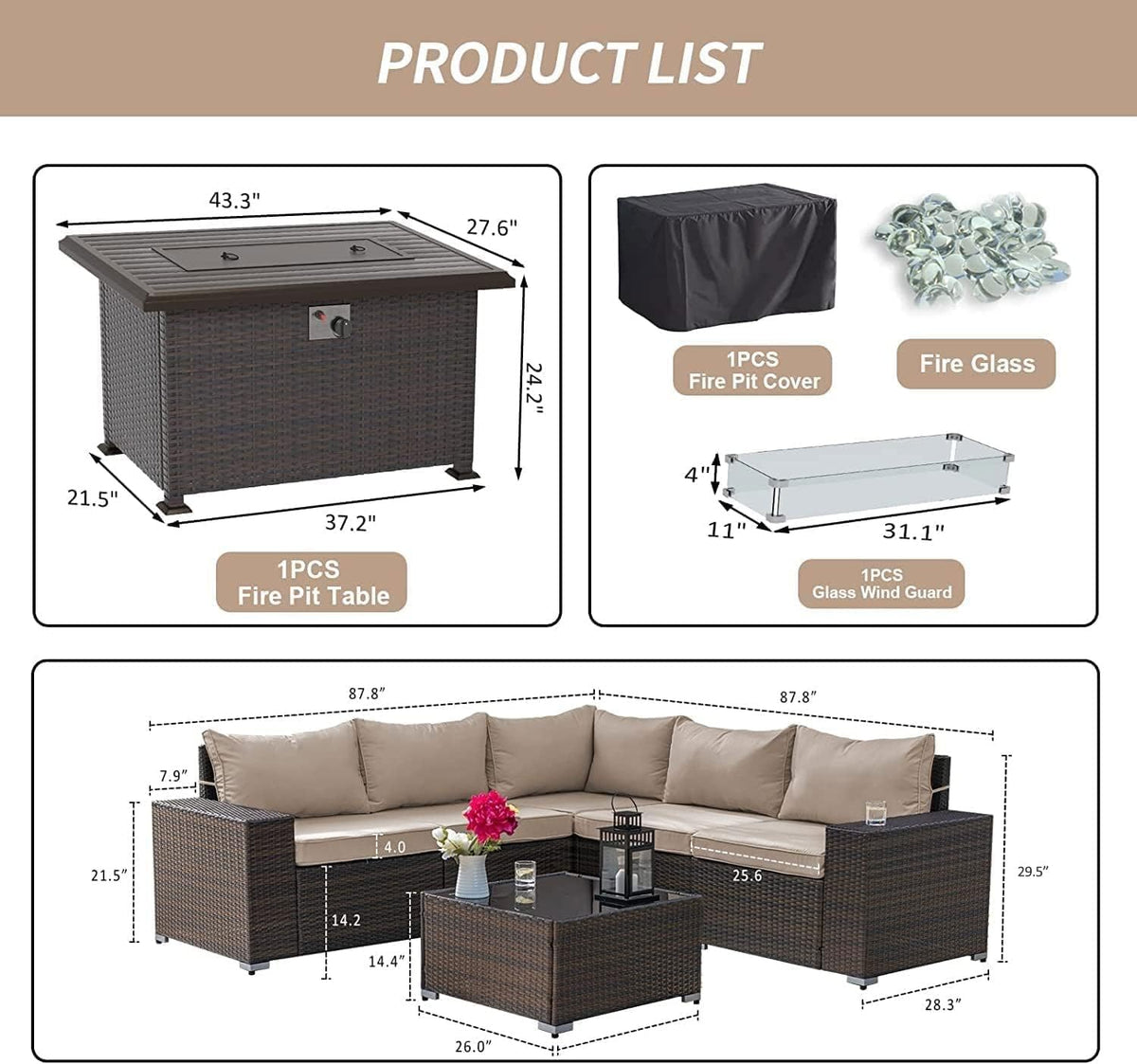 Kullavik 7 Piece Outdoor Wicker Patio Furniture Set with Fire Pit Table
