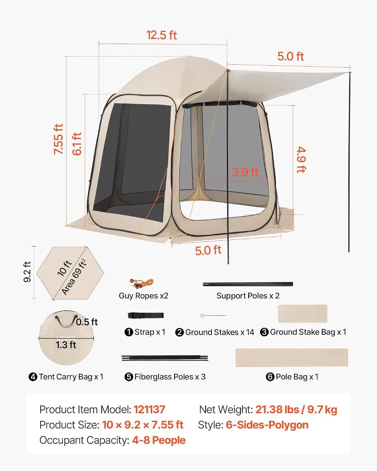 Pop Up Screen House Tent VEVOR 10 x 9.2 FT Pop-Up Screen Room with Awning, Portable Screen Tent Gazebo for 4–8 Person, Instant Screen Canopy with Carry Bag for Patio Backyard Camping