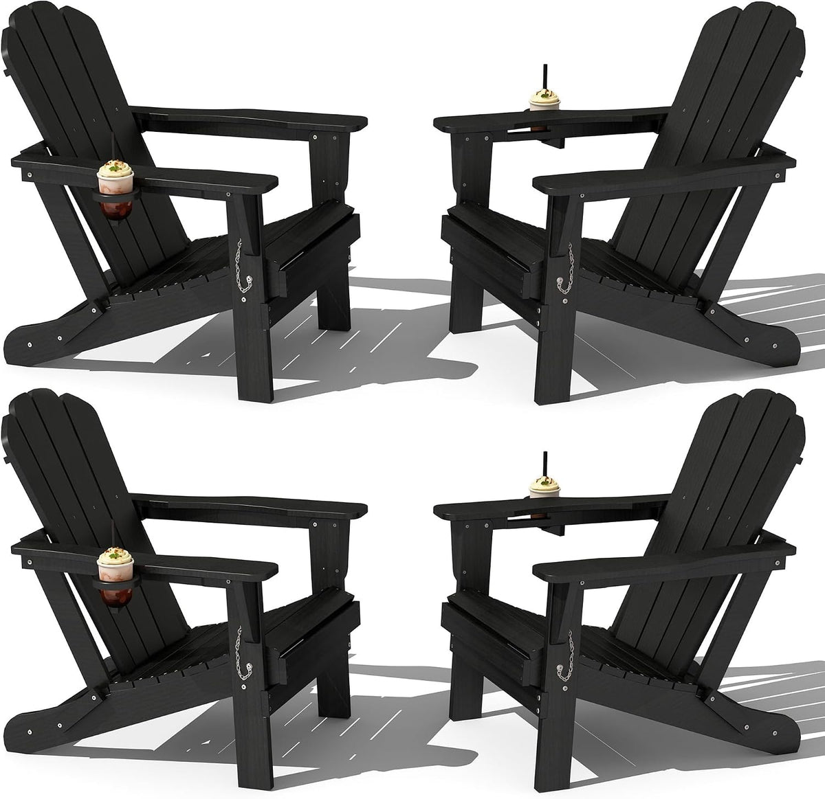 Domi Folding Adirondack Chair Set of 4, HDPE All-Weather Adirondack Chairs with Cup Holder, Outdoor Plastic Fire Pit Chairs Wood Texture for Poolside, Patio, Backyard, Deck (Black)