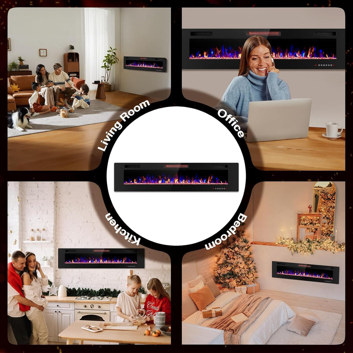 ZAFRO 50" Electric Fireplace with Remote Ultra-Thin & Quiet Wall-Mounted Recessed Heater, Adjustable 12-Color Flame, Brightness & Speed