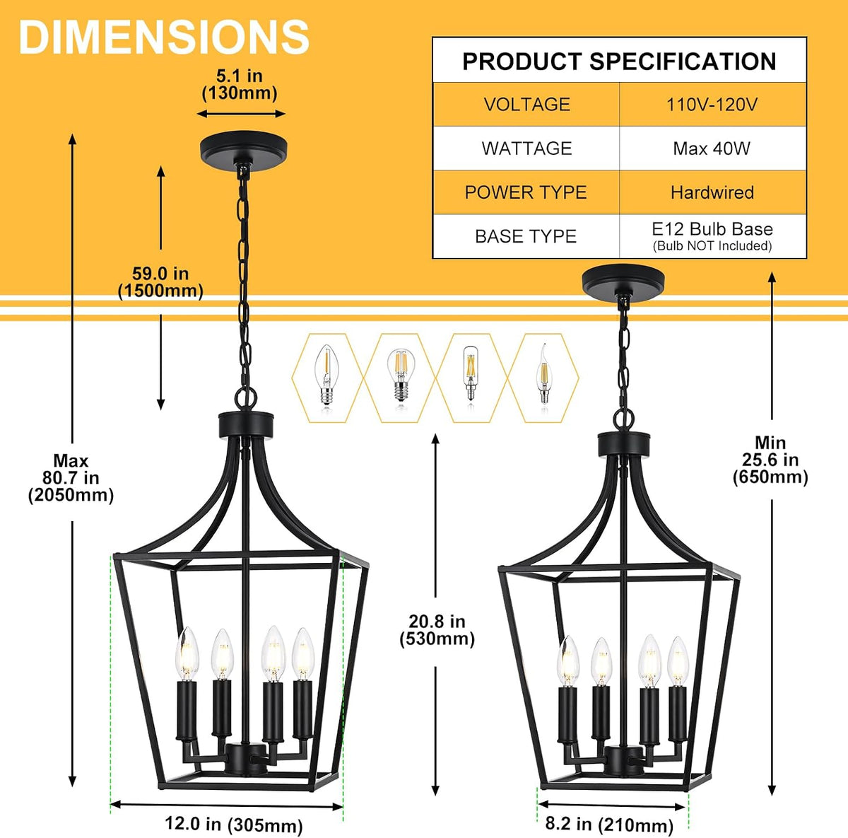 4-light farmhouse lantern chandelier, black pendant light fixture showing dimensions