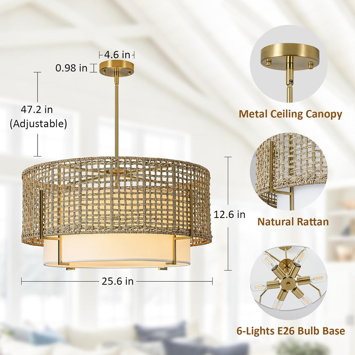 25.6" large rattan chandelier, 6-light boho rustic pendant shown in use